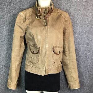 Vintage Lauren Jeans Co Tan Denim Leather Trim Jean Jacket Size 14